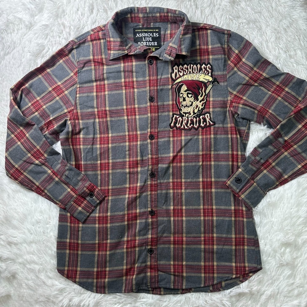 A**holes Live Forever Plaid Flannel Shirt Mens Large Skull Grim Reaper Patch ALF